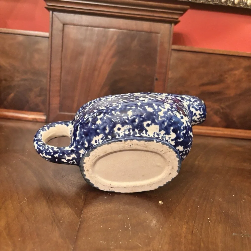 Blue Spongeware Heart Gravy Boat & Underplate Set Pottery Country Farmhouse
